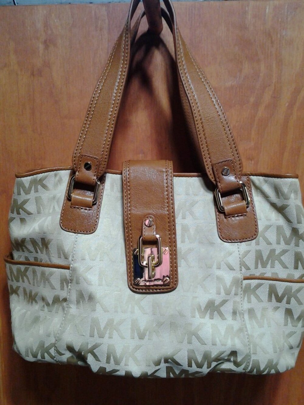 Michael Kors Beige & Tan Jacquard Leather Shoulder Tote Bag